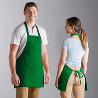 Choice Kelly Green Poly-Cotton Front of House Bib Apron with 3 Pockets - 25 inch x 28 inch