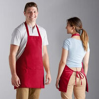 Choice Red Customizable Poly-Cotton Front of House Bib Apron with 3 Pockets - 25" x 28"