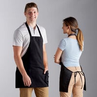 Choice Black Customizable Poly-Cotton Front of House Bib Apron with 3 Pockets - 25" x 28"