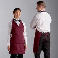 Choice Burgundy Poly-Cotton Adjustable Tuxedo Apron with 2 Pockets - 32" x 29"