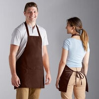 Choice Brown Poly-Cotton Front of House Bib Apron with 3 Pockets - 25" x 28"
