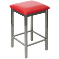 BFM Seating Trent Clear Coated Steel Counter Height Bar Stool with 2" Red Vinyl Seat