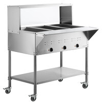 ServIt Three Pan Open Well Mobile Electric Steam Table with Undershelf and 43" Overshelf with Sneeze Guard - 120V, 1500W