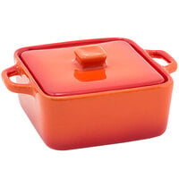 Front of the House DBO136ORC23 Kiln 8 oz. Blood Orange Square Stoneware Ovenware Dish with Lid - 12/Case