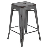 Flash Furniture ET-BT3503-24-SIL-GG 24" Distressed Silver Stackable Metal Counter Height Stool with Drain Hole Seat