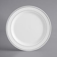 Visions 9 inch White Plastic Plate with Silver Bands - 120/Case