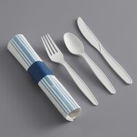 Hoffmaster 120011 CaterWrap 15 1/2" x 15 1/2" FashnPoint Pre-Rolled Blue / White Stripe Dishtowel Print Dinner Napkin and EarthWise Cutlery Set - 100/Case