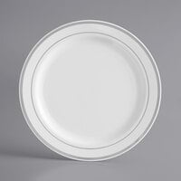 Visions 7" White Plastic Plate with Silver Bands - 15/Pack
