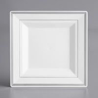 Visions 6" Square White Plastic Plate with Silver Bands - 10/Pack