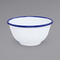 Crow Canyon Home V02BLU Vintage 16 oz. White Round Enamelware Footed Bowl with Blue Rolled Rim
