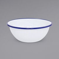 Crow Canyon Home V17BLU Vintage 20 oz. White Round Enamelware Bowl with Blue Rolled Rim