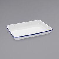 Crow Canyon Home V190BLU Vintage 11 1/4 inch x 8 3/4 inch White Rectangular Enamelware Tray with Blue Rolled Rim