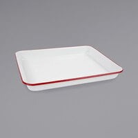 Crow Canyon Home V190RED Vintage 11 1/4" x 8 3/4" White Rectangular Enamelware Tray with Red Rolled Rim