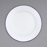 Crow Canyon Home V95BLU Vintage 12" White Wide Rim Enamelware Plate with Blue Rolled Rim