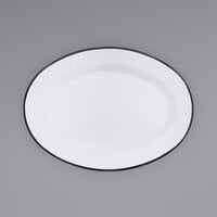 Crow Canyon Home V94BLA Vintage 11 7/8" x 8 11/16" White Enamelware Oval Plate with Black Rolled Rim