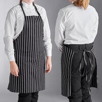 Choice Black and White Chalk Stripe Poly-Cotton Adjustable Bib Apron with 2 Pockets - 32" x 30"