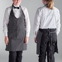Choice Black and White Chalk Stripe Poly-Cotton Adjustable Tuxedo Apron with 2 Pockets - 32" x 29"