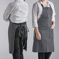 Choice Black and White Poly-Cotton Chalk Stripe Standard Bib Apron with 2 Pockets - 34" x 30"