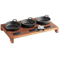 Valor Appetizer / Dessert Sampler with (3) 14 oz. Cast Iron Casserole Dishes, 18 1/2" x 11" x 2 1/2" Rustic Chestnut Finish Display Stand, and Chalk