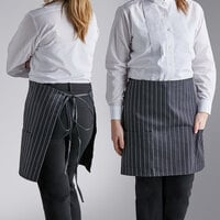 Choice Black and White Pinstripe Poly-Cotton Half Bistro Apron with 2 Pockets - 18" x 30"
