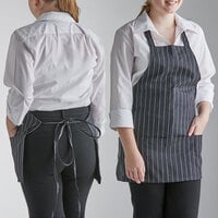 Choice Black and White Pinstripe Poly-Cotton Front of House Bib Apron with 3 Pockets - 25" x 28"