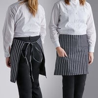 Choice Black and White Chalk Stripe Poly-Cotton Half Bistro Apron with 2 Pockets - 18" x 30"