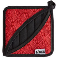 Lodge ASFPH41 6 1/2" x 6 1/2" Red Silicone and Black Fabric Pot Holder with Pocket