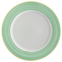 Corona by GET Enterprises PA1603902912 Calypso 12 1/4" Bright White Porcelain Rolled Edge Plate with Green and Yellow Rim - 12/Case