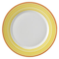 Corona by GET Enterprises PA1600902724 Calypso 10 5/8" Bright White Porcelain Rolled Edge Plate with Yellow and Coral Rim - 24/Case