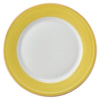 Corona by GET Enterprises PA1600902324 Calypso 9" Bright White Porcelain Rolled Edge Plate with Yellow and Coral Rim - 24/Case