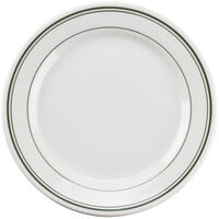 Tuxton TGB-022 Green Bay 8 3/8" Eggshell Wide Rim Rolled Edge China Plate with Green Bands - 36/Case