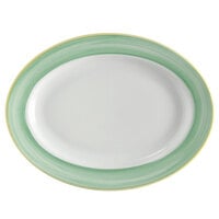 Corona by GET Enterprises PA1603907612 Calypso 10" x 7 1/2" Bright White Rolled Edge Porcelain Oval Platter with Green and Yellow Rim - 12/Case