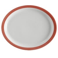 Corona by GET Enterprises PA1602807812 Calypso 13" x 11" Bright White Porcelain Oval Platter with Narrow Coral and Blue Rim - 12/Case