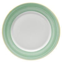 Corona by GET Enterprises PA1603902724 Calypso 10 5/8" Bright White Porcelain Rolled Edge Plate with Green and Yellow Rim - 24/Case