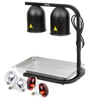 Avantco W62-BLK Black 2 Bulb Free Standing Heat Lamp / Food Warmer with Red Bulbs, Pan, and Grate - 120V, 500W