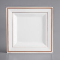 Visions 8" Square White Plastic Plate with Rose Gold / Copper Bands - 120/Case