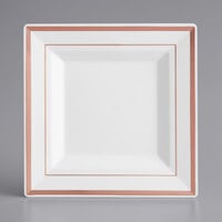 Visions 6" Square White Plastic Plate with Rose Gold Bands - 10/Pack