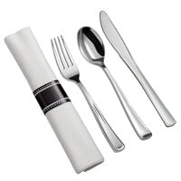 Visions 18" x 15 1/2" Pre-Rolled Linen-Feel White Napkin and Classic Heavy Weight Silver Plastic Cutlery Set - 100/Case