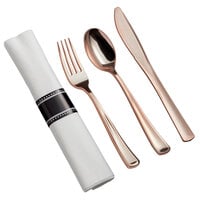 Visions 18" x 15 1/2" Pre-Rolled Linen-Feel White Napkin and Classic Heavy Weight Rose Gold / Copper Plastic Cutlery Set - 100/Case