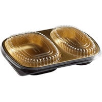 ChoiceHD Smoothwall 2-Compartment Black and Gold Oblong Foil Take Out Pan with Dome Lid 29 oz. - 100/Case