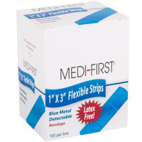 Medique 68033 Medi-First 1 inch x 3 inch Blue Woven Adhesive Strip Bandage - 100/Box