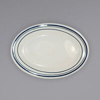 International Tableware CT-13 Catania 11 1/2" x 8 1/4" Ivory (American White) Stoneware Platter with Blue Bands - 12/Case