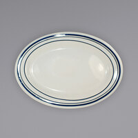 International Tableware CT-34 Catania 9 5/8" x 6 3/8" Ivory (American White) Stoneware Platter with Blue Bands - 24/Case