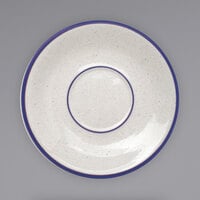 International Tableware DA-2 Danube 5 1/2" Ivory (American White) Blue Speckled Stoneware Saucer with Blue Bands - 36/Case