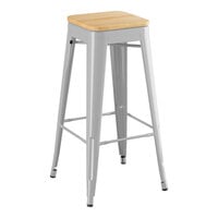 Lancaster Table & Seating Alloy Series Silver Indoor Backless Barstool with Natural Wood Seat