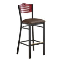 Lancaster Table & Seating Black Finish Side Bar Stool with Dark Brown Vinyl Seat and Mahogany Wood Back