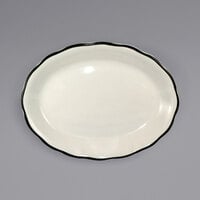 International Tableware SY-12 Sydney 9 7/8" x 7 1/4" Ivory (American White) Scalloped Edge Stoneware Platter with Black Rim - 24/Case