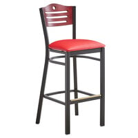 Lancaster Table & Seating Black Finish Side Bar Stool with Red Vinyl Seat and Mahogany Wood Back