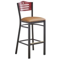 Lancaster Table & Seating Black Finish Side Bar Stool with Light Brown Vinyl Seat and Mahogany Wood Back