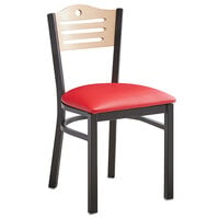 Lancaster Table & Seating Black Finish Side Chair with Red Vinyl Seat and Natural Wood Back